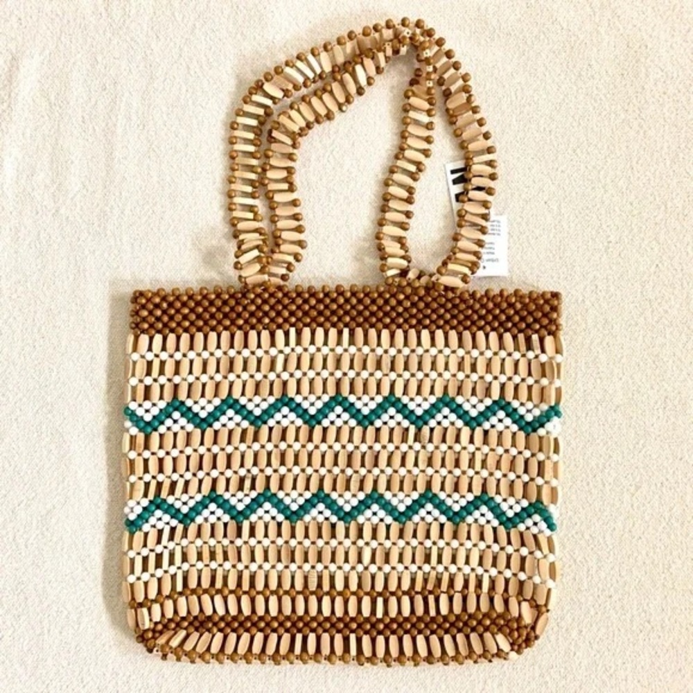 Urban Outfitters Beaded Tote in Tan, Brown & Teal